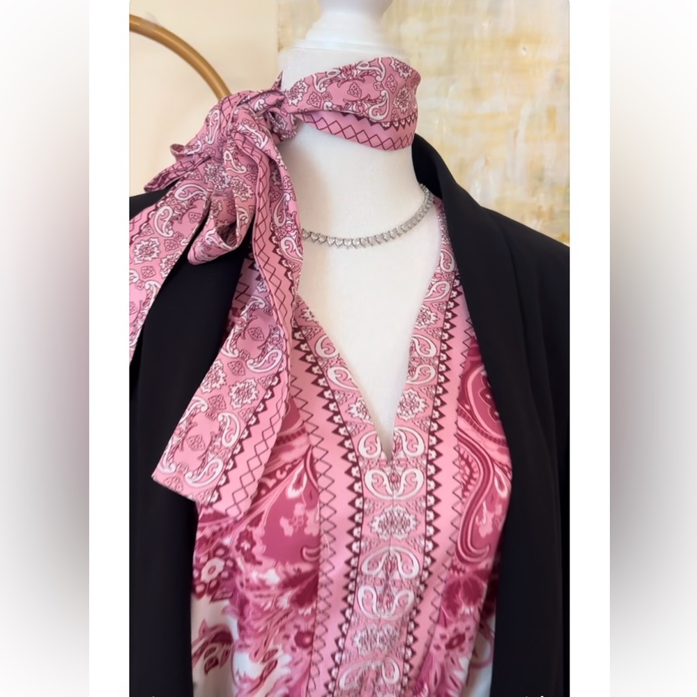 Pink Paisley Printed Long Sleeve V Neck Belted Dress